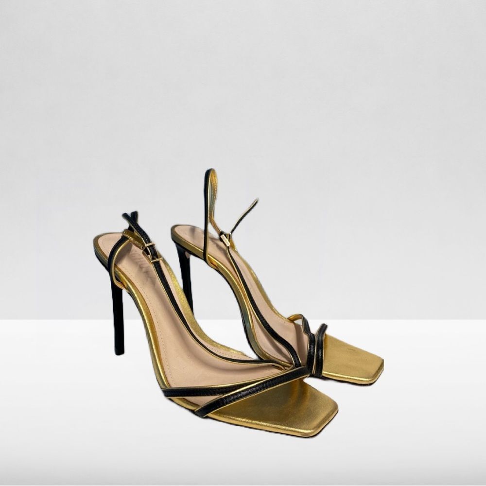 Schutz Black & Gold Metallic Leather Strappy Evening Square Toe Sandals